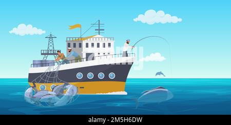 Fisher people in fishing vessel boat vector illustration. Cartoon flat commercial fishing industry background with fisherman working, catching fish se Stock Vector