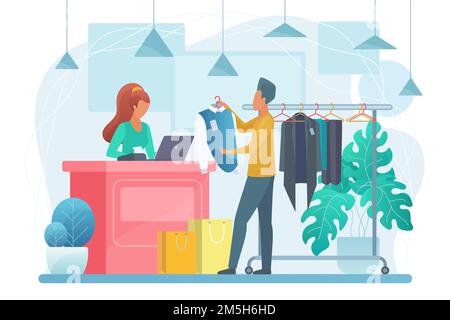 Man in clothing store flat vector illustration. Buyer and seller cartoon  characters. Customer buying clothes in shop. Shopping, sales, discount.  Retail outlet. Shopper choosing apparel Stock Vector Image & Art - Alamy