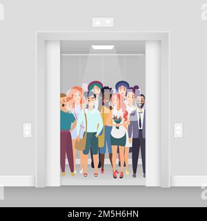 Group of young smiling people in elevator with open doors Stock Vector