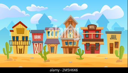 Wild west city vector illustration. Cartoon western cityscape with old wooden house buildings for cowboys, sheriff office, hotel and bank on street, e Stock Vector
