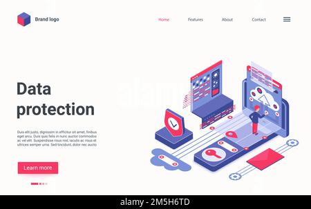 Creative concept landing page, website design with cartoon 3d protecting datacenter software, tech service for internet cyber safety database. Isometr Stock Vector