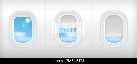 Realistic soft color airplane transport interior. Aircraft inside seats chairs near windows. Business class travel concept vector illustration Stock Vector