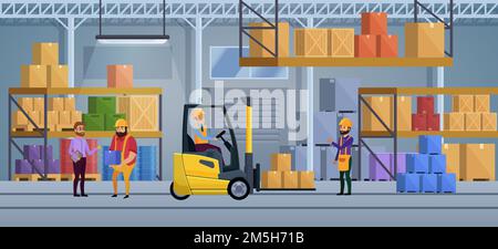 Logistic distribution warehouse interior working process, packaging freight, goods delivering Stock Vector