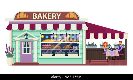 Bakery flat vector illustration. Pastry cafe exterior. Bakeshop front view. Patisserie establishment with vitrine and terrace. French cafeteria buildi Stock Vector