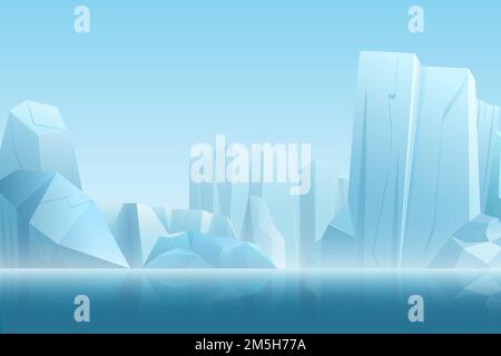 Winter arctic landscape with iceberg in dark blue pure water and snow mountains hills in soft white fog vector illustration Stock Vector