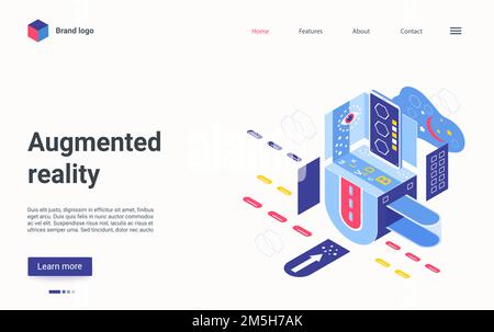 Augmented reality landing page vector template. Interactive technology website homepage interface layout with isometric illustration. AR tech, smart s Stock Vector