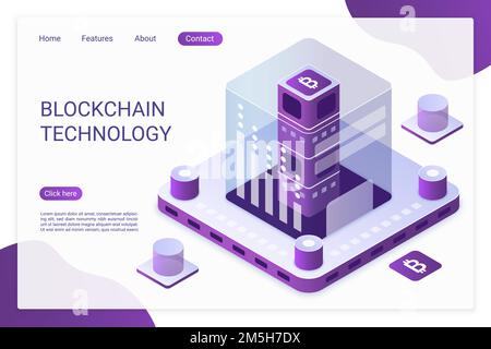 Blockchain technology .landing page vector template. Bitcoin financial transactions, e billing service website layout. Crypto mining, blockchain 3d co Stock Vector