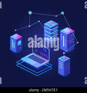 Big data processing, hosting and server, database virtual platform dark neon isometric concept Stock Vector