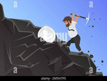 Litecoin mining concept, businessman miner holding metaphor pickaxe to get coins Stock Vector