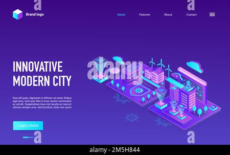 Creative modern concept landing page, website design with cartoon map of cityscape using cyber infrastructure, artificial intelligence control. Isomet Stock Vector