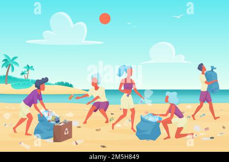 Beach cleaning flat vector illustration. Young people cleaning plastic garbage on waterfront. Volunteering and environment protection. Volunteers clea Stock Vector