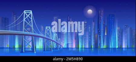 City bridge at night, neon light illuminated modern futuristic cityscape with skyscrapers Stock Vector