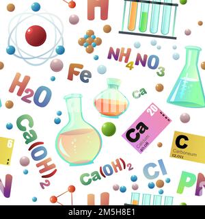 Chemistry items seamless pattern. Cartoon style. Study and production of mineral. Organic and inorganic. Parts of molecular and atomic basis. Isolated Stock Vector