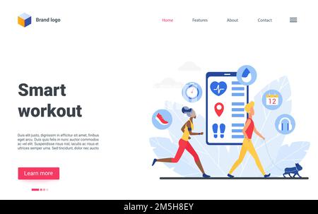Cartoon tiny sportsman character do sport exercises, run, walk with dog, use virtual trainer application. Smart workout website landing page design, s Stock Vector
