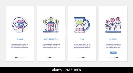 Bank success investment strategy vector illustration. UX, UI onboarding mobile app page screen set with line investing banking financial technology, s Stock Vector