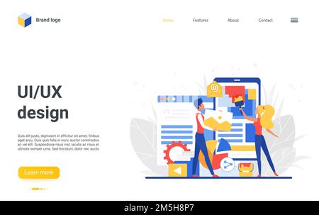 Website landing page design with cartoon flat tiny people creators team, designer characters create, construct mobile application, wireframe developme Stock Vector