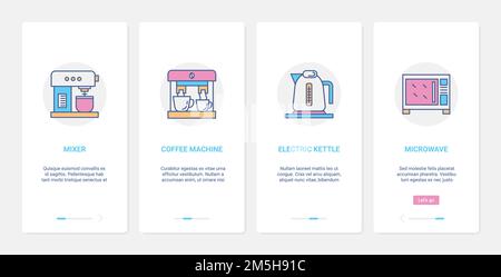 Household kitchen electrical home appliances for cooking food or drink vector illustration. UX, UI onboarding mobile app page screen set with line mix Stock Vector