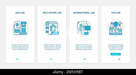 Legal law vector illustration. UX, UI onboarding mobile app page screen set with line old law, real estate property contract or international law, fin Stock Vector