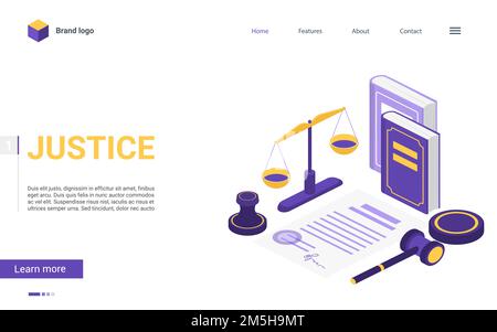 Isometric justice and law firm vector illustration. Cartoon 3d concept landing page with courtroom items, mallet hammer of judge lawyer, pen scale bal Stock Vector