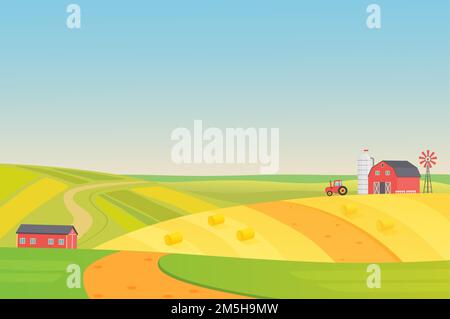 Autumn sunny eco harvesting farm landscape with agriculture vehicles, windmill, silage tower and hay. Colorful flat vector illustration Stock Vector