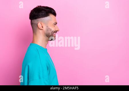 Profile photo cadre of cheerful smiling satisfied businessman wear blue pullover look empty space advert shopping isolated on pink color background Stock Photo