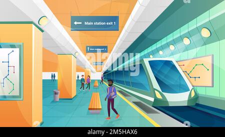 People in metro subway station vector illustration. Cartoon flat passenger character walking on modern underground transport platform, train waiting o Stock Vector