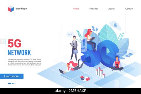 People with gadgets using extreme high speed 5g internet connection vector illustration website landing page concept. 5th generation network wireless Stock Vector