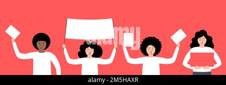 Crowd of protesters people. Silhouettes of hands people with banners Stock Vector
