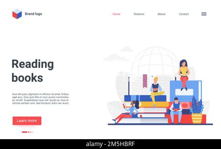 Cartoon flat student group of characters reading, young readers studying, sitting on pile of books in university or school library. Landing page websi Stock Vector