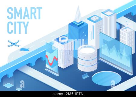 Isometric model of modern smart city with data centers, servers and matrix blockchain building vector illustration Stock Vector