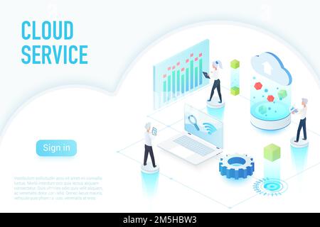 Inside work process of cloud service, big data website page isometric vector illustration Stock Vector