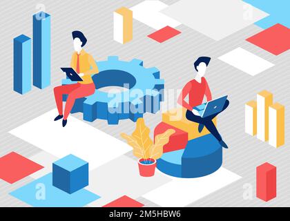 Isometric business people work concept vector illustration. 3d cartoon businessman characters working with laptop or tablet mobile devices, sitting on Stock Vector
