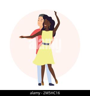 Happy romantic caucasian man and african american woman. Time together. Couple dancing in love vector illustration Stock Vector