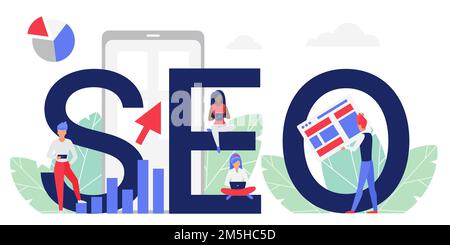 Seo word concept vector illustration. Cartoon flat people analysts working on laptop or tablet, analyzing web search data rank for optimization busine Stock Vector