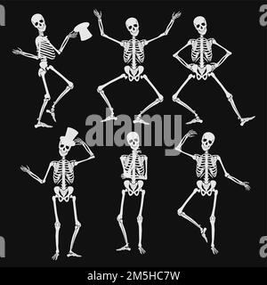 Homan skeletons silhouettes in different poses isolated on black vector illustration Stock Vector