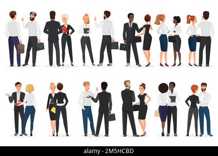 Business people conversation. Man and woman standing together and talking, discussing, negotiating Stock Vector