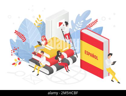 Online Spanish language courses isometric 3d vector illustration. Distance education, remote school, Spain university. Students reading books Internet Stock Vector