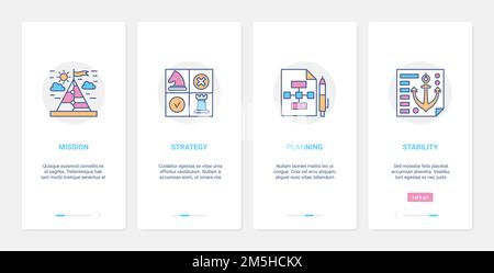Business success strategy concept vector illustration. UX, UI onboarding mobile app page screen set with line successful mission statement, management Stock Vector