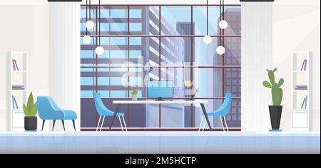 Office interior room, panoramic empty workplace inside Stock Vector