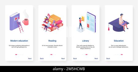 Isometric modern education, online library technology vector illustration. UX, UI onboarding mobile app page screen set with cartoon 3d students read Stock Vector