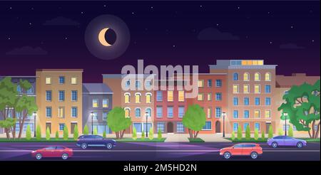 Landscape urban city NY buildings, panorama view of classic facade brick houses at night Stock Vector