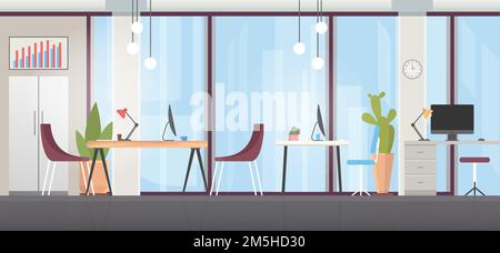 Office room interior, modern business workspace with office chair, computer designer desk Stock Vector