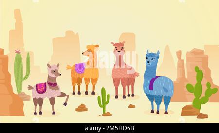 Lovely lamas character hand drawn cartoon vector illustration landscape. Different colors and moods cute animals with bright blanket in hot desert nea Stock Vector