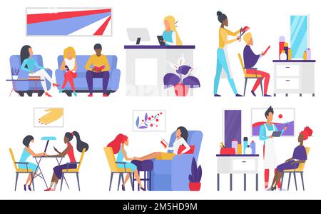 People in beauty salon vector illustration set. Cartoon flat hairdresser does haircut to client in chair, man woman characters waiting for beauty proc Stock Vector