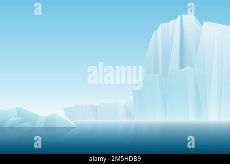 Realistic soft fog arctic iceberg ice mountains with blue sea, winter landscape. Vector nature background illustration Stock Vector