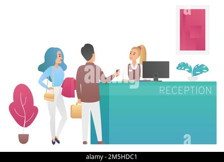 Pair of tourists guests standing at hotel reception desk and talking with receptionist Stock Vector
