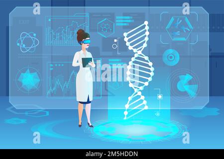 Medical hologram DNA vector illustration. Microbiology, genetic biotechnology, gene cell. Scientist working with DNA. Doctor doing laboratory research Stock Vector