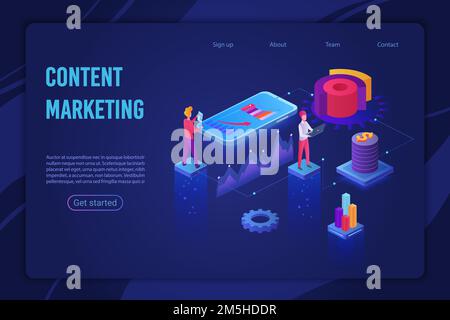 Content marketing strategy ultraviolet light landing page isometric vector template. Digital marketing, Content sharing, Social media. Creating, distr Stock Vector
