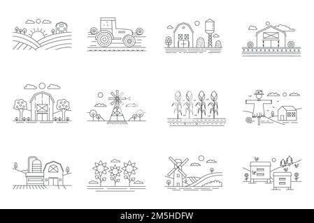 Farm and farming fields thin line mini landscapes set isolated, agriculture concept Stock Vector