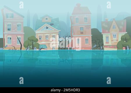 Damaged by natural disaster flood houses and trees partially submerged in the water in cartoon city concept. Storm city landscape vector illustration Stock Vector